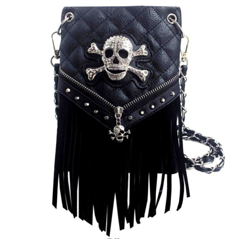 Women's Black Skull  Studded & Stitched Rhinestone Crossbody Purse - Picture 2 of 3